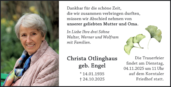Traueranzeige von Christa Otlinghaus von Stuttgarter Zeitung / Stuttgarter Nachrichten