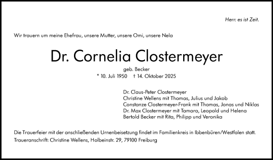 Traueranzeige von Cornelia Clostermeyer von Stuttgarter Zeitung / Stuttgarter Nachrichten