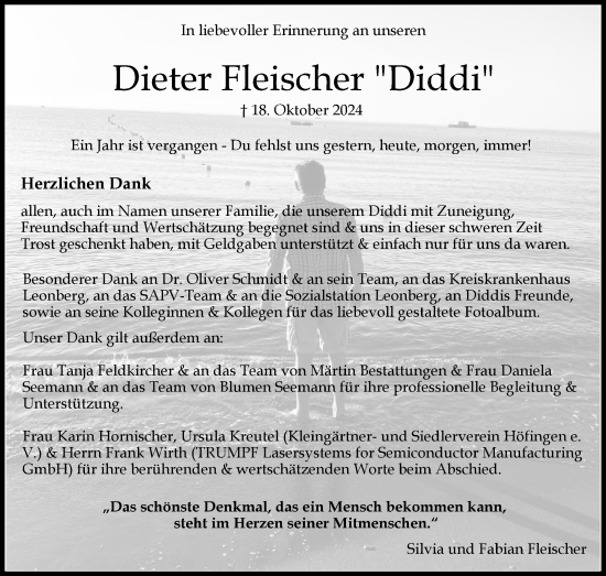 Traueranzeige von Dieter Fleischer von Leonberger Kreiszeitung / Strohgäu Extra