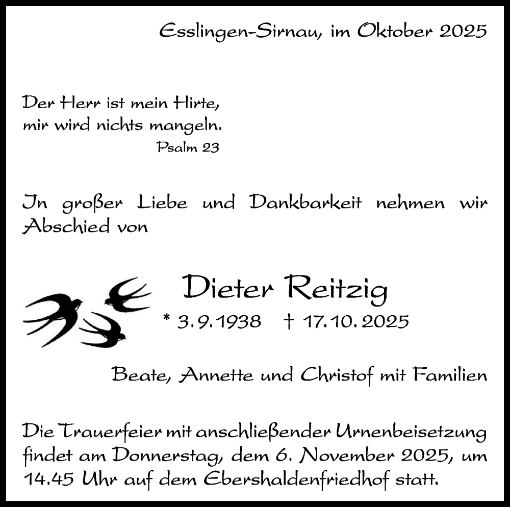  Traueranzeige für Dieter Reitzig vom 31.10.2025 aus Eßlinger Zeitung