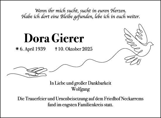 Traueranzeige von Dora Gierer von Stuttgarter Zeitung / Stuttgarter Nachrichten