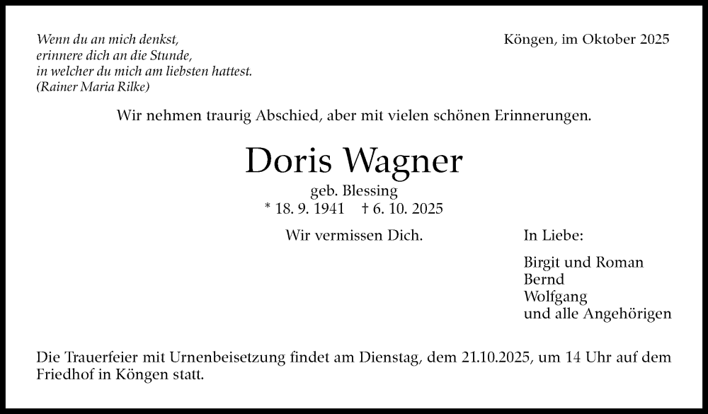  Traueranzeige für Doris Wagner vom 13.10.2025 aus Eßlinger Zeitung