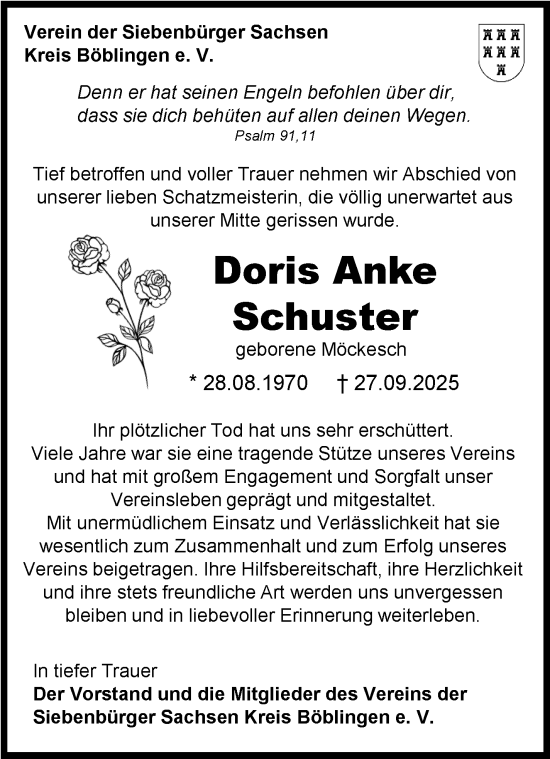 Traueranzeige von Doris Anke Schuster von Kreiszeitung Böblinger Bote