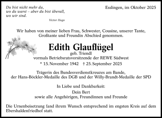 Traueranzeige von Edith Glauflügel von Eßlinger Zeitung