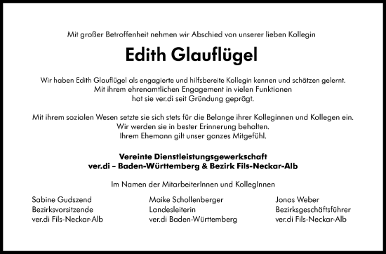 Traueranzeige von Edith Glauflügel von Eßlinger Zeitung