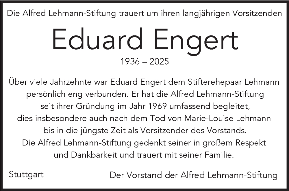  Traueranzeige für Eduard Engert vom 11.10.2025 aus Stuttgarter Zeitung / Stuttgarter Nachrichten