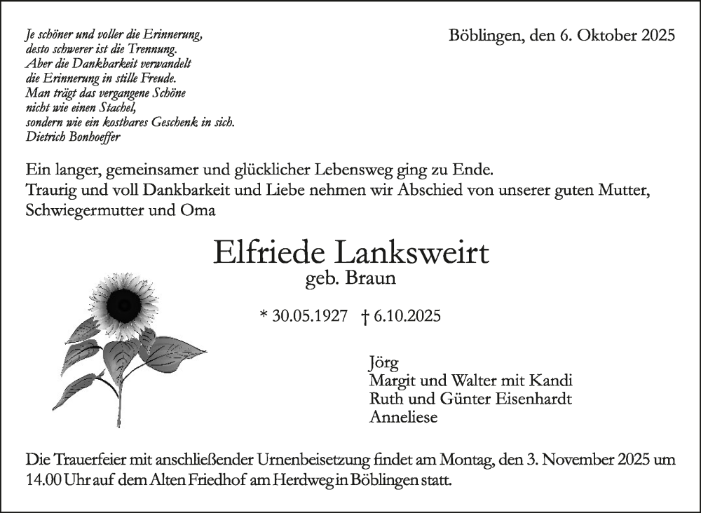  Traueranzeige für Elfriede Lanksweirt vom 09.10.2025 aus Kreiszeitung Böblinger Bote