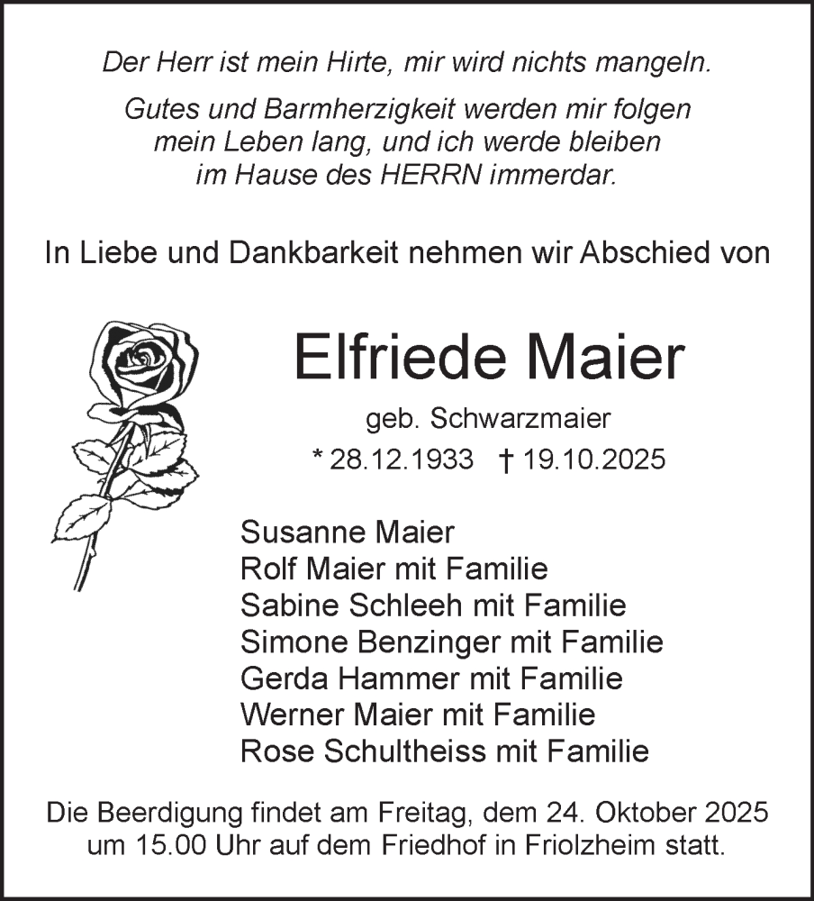  Traueranzeige für Elfriede Maier vom 22.10.2025 aus Leonberger Kreiszeitung / Strohgäu Extra