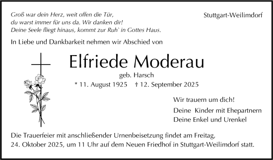 Traueranzeige von Elfriede Moderau von Stuttgarter Zeitung / Stuttgarter Nachrichten