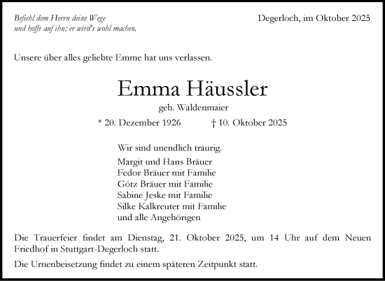 Traueranzeige von Emma Häussler von Stuttgarter Zeitung / Stuttgarter Nachrichten