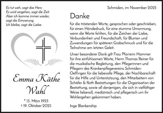 Traueranzeige von Emma Käthe Wahl von Stuttgarter Zeitung / Stuttgarter Nachrichten