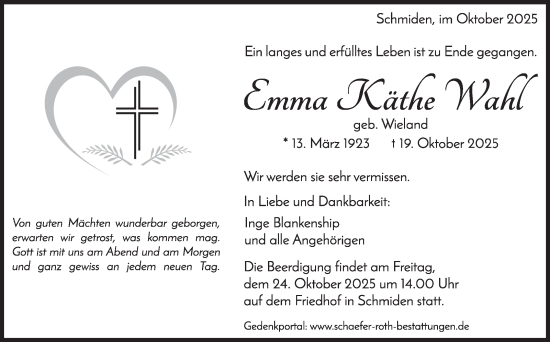 Traueranzeige von Emma Käthe Wahl von Stuttgarter Zeitung / Stuttgarter Nachrichten