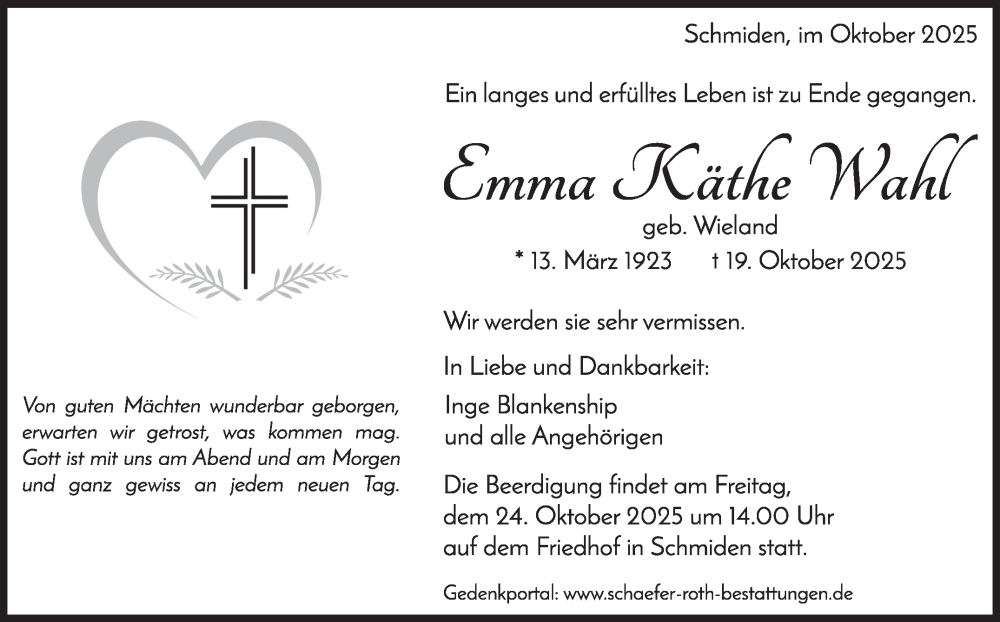  Traueranzeige für Emma Käthe Wahl vom 23.10.2025 aus Stuttgarter Zeitung / Stuttgarter Nachrichten