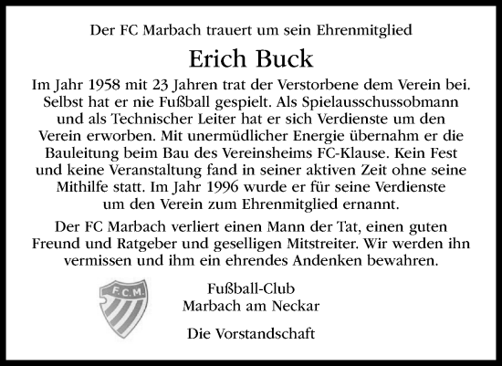 Traueranzeige von Erich Buck von Marbacher Zeitung