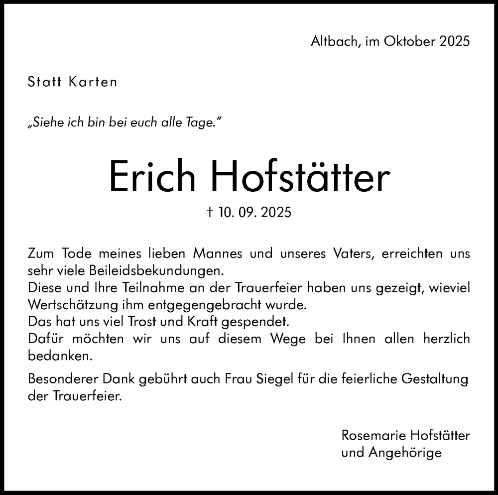  Traueranzeige für Erich Hofstätter vom 25.10.2025 aus Eßlinger Zeitung