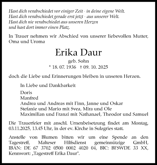 Traueranzeige von Erika Daur von Eßlinger Zeitung
