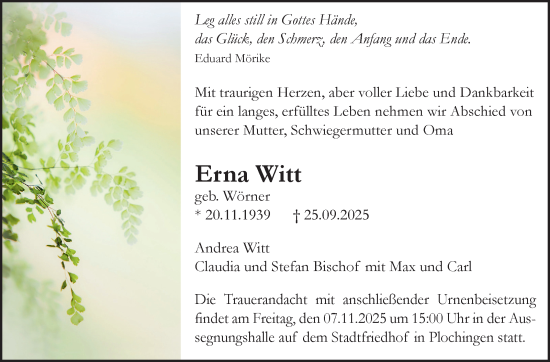 Traueranzeige von Erna Witt von Eßlinger Zeitung