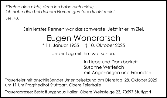 Traueranzeige von Eugen Wondratsch von Stuttgarter Zeitung / Stuttgarter Nachrichten
