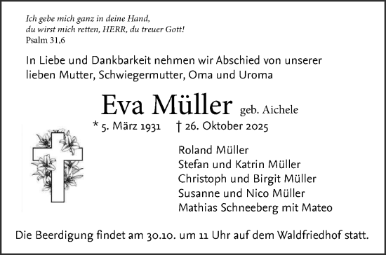 Traueranzeige von Eva Müller von Kreiszeitung Böblinger Bote