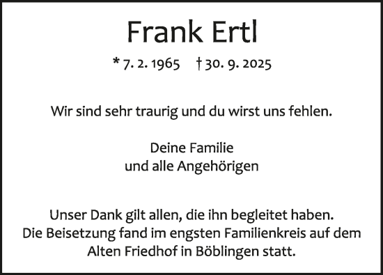 Traueranzeige von Frank Ertl von Kreiszeitung Böblinger Bote