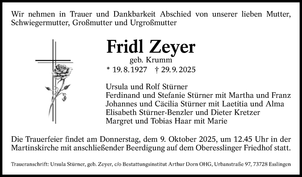  Traueranzeige für Fridl Zeyer vom 04.10.2025 aus Eßlinger Zeitung
