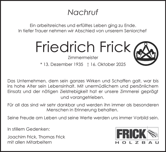 Traueranzeige von Friedrich Frick von Stuttgarter Zeitung / Stuttgarter Nachrichten