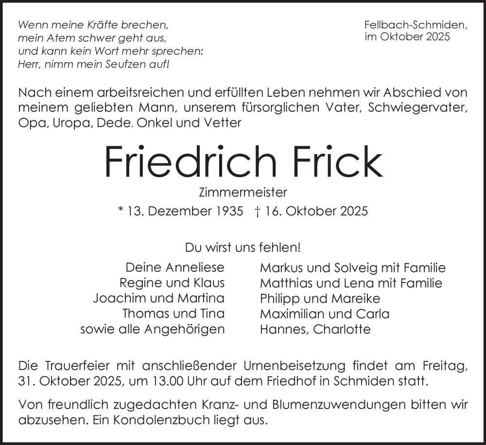  Traueranzeige für Friedrich Frick vom 24.10.2025 aus Stuttgarter Zeitung / Stuttgarter Nachrichten