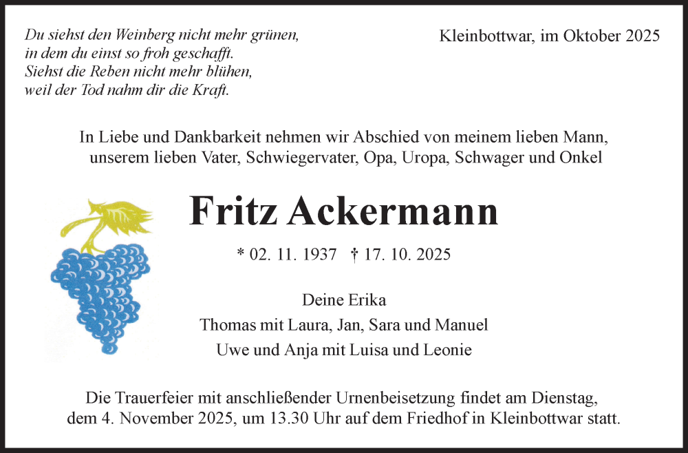  Traueranzeige für Fritz Ackermann vom 28.10.2025 aus Marbacher Zeitung
