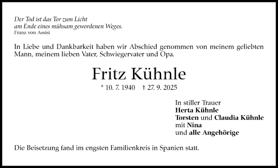 Traueranzeige von Fritz Kühnle von Leonberger Kreiszeitung / Strohgäu Extra