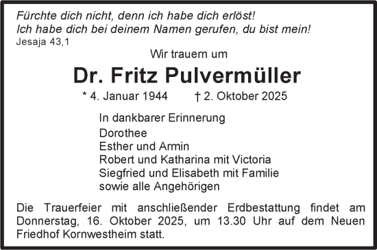 Traueranzeige von Fritz Pulvermüller von Stuttgarter Zeitung / Stuttgarter Nachrichten