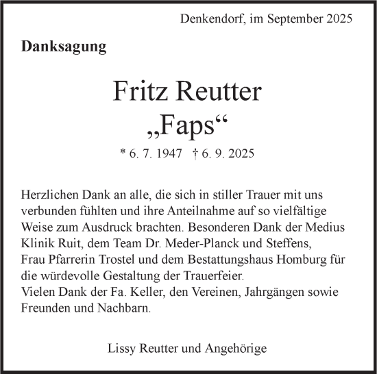 Traueranzeige von Fritz Reutter von Eßlinger Zeitung