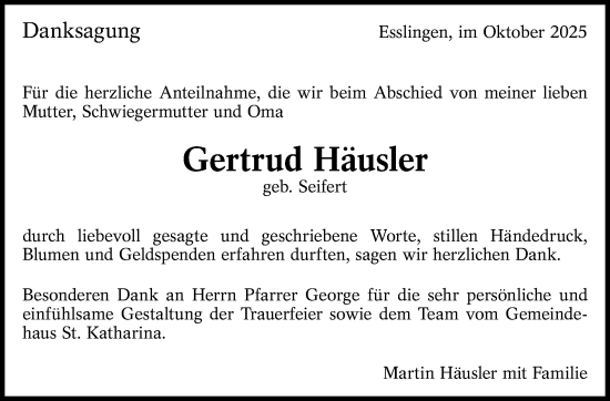 Traueranzeige von Gertrud Häusler von Eßlinger Zeitung