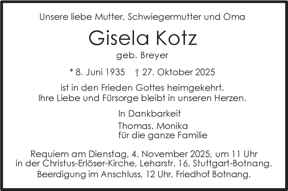  Traueranzeige für Gisela Kotz vom 31.10.2025 aus Stuttgarter Zeitung / Stuttgarter Nachrichten
