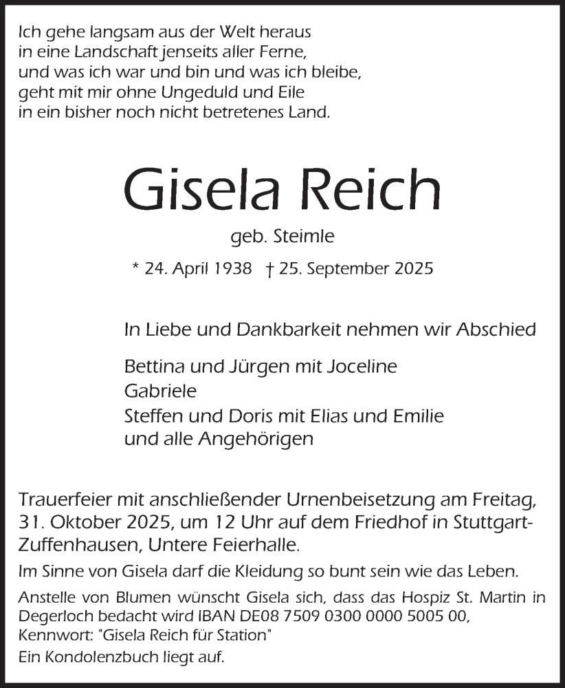  Traueranzeige für Gisela Reich vom 24.10.2025 aus Stuttgarter Zeitung / Stuttgarter Nachrichten
