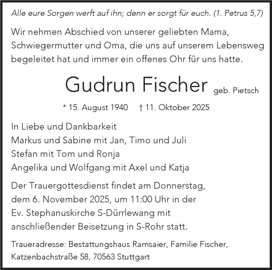 Traueranzeige von Gudrun Fischer von Stuttgarter Zeitung / Stuttgarter Nachrichten