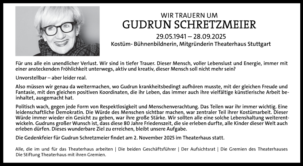  Traueranzeige für Gudrun Schretzmeier vom 04.10.2025 aus Stuttgarter Zeitung / Stuttgarter Nachrichten