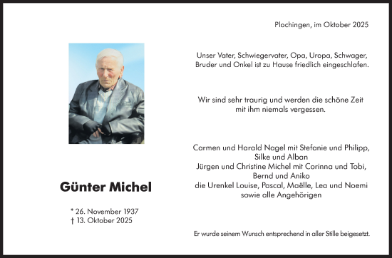 Traueranzeige von Günter Michel von Eßlinger Zeitung