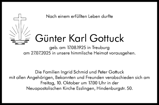 Traueranzeige von Günter Karl Gottuck von Eßlinger Zeitung