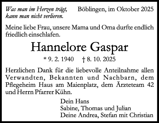 Traueranzeige von Hannelore Gaspar von Kreiszeitung Böblinger Bote