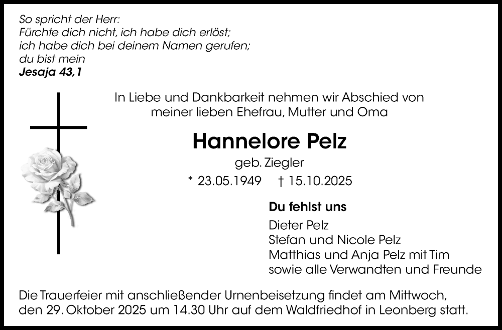  Traueranzeige für Hannelore Pelz vom 27.10.2025 aus Leonberger Kreiszeitung / Strohgäu Extra