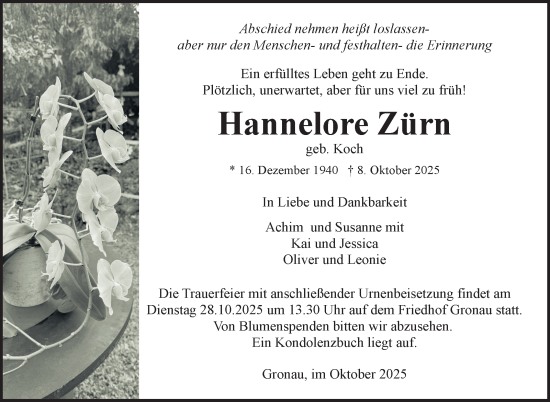 Traueranzeige von Hannelore Zürn von Marbacher Zeitung