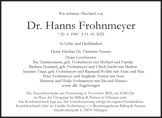 Traueranzeige von Hanns Frohnmeyer von Stuttgarter Zeitung / Stuttgarter Nachrichten