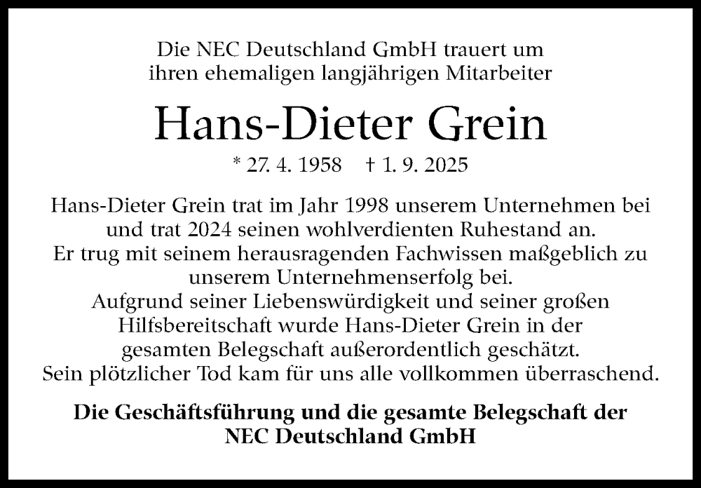  Traueranzeige für Hans-Dieter Grein vom 11.10.2025 aus Stuttgarter Zeitung / Stuttgarter Nachrichten