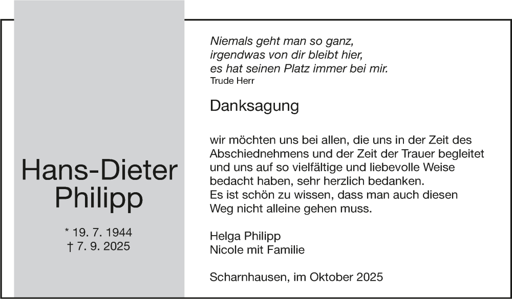  Traueranzeige für Hans-Dieter Philipp vom 18.10.2025 aus Eßlinger Zeitung