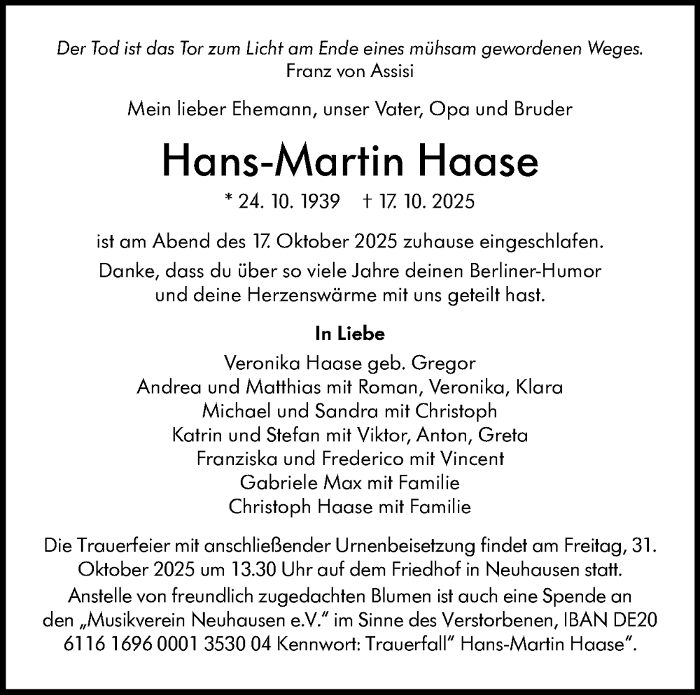  Traueranzeige für Hans-Martin Haase vom 25.10.2025 aus Eßlinger Zeitung