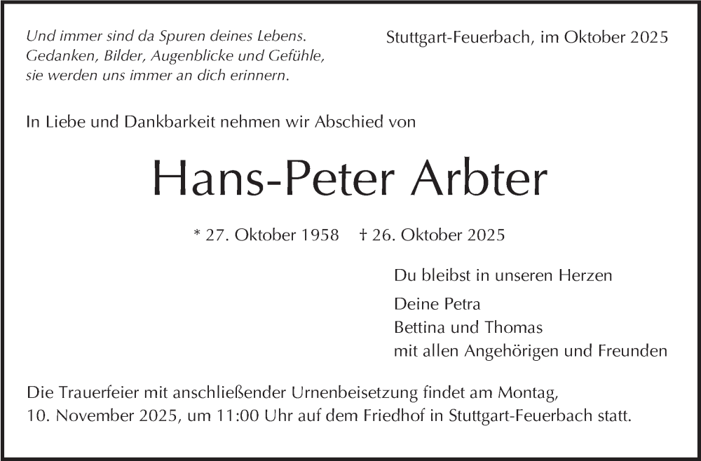  Traueranzeige für Hans-Peter Arbter vom 31.10.2025 aus Stuttgarter Zeitung / Stuttgarter Nachrichten
