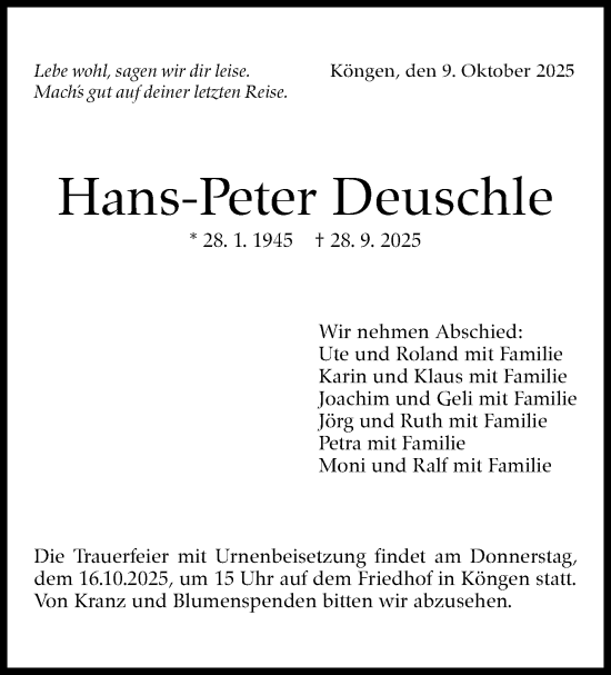 Traueranzeige von Hans-Peter Deuschle von Eßlinger Zeitung
