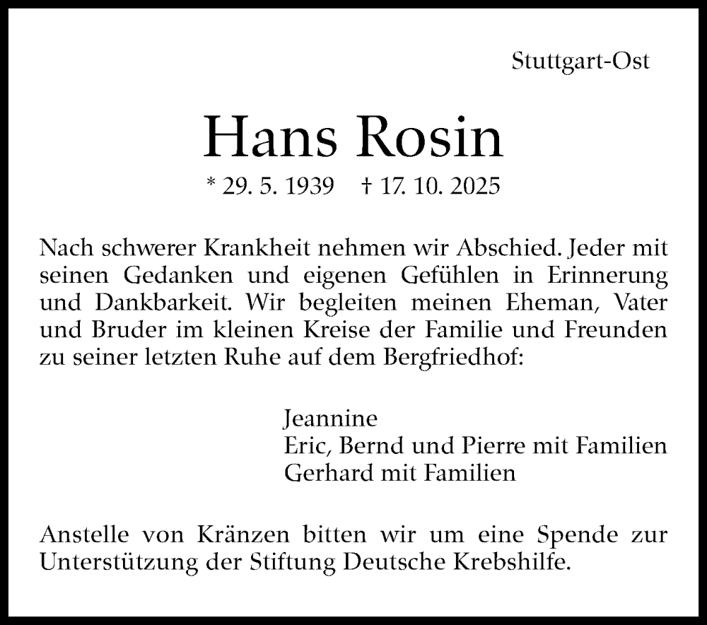  Traueranzeige für Hans Rosin vom 25.10.2025 aus Stuttgarter Zeitung / Stuttgarter Nachrichten