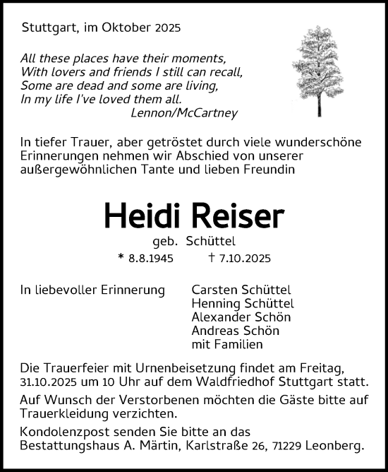 Traueranzeige von Heidi Reiser von Stuttgarter Zeitung / Stuttgarter Nachrichten