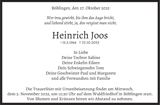 Traueranzeige von Heinrich Joos von Kreiszeitung Böblinger Bote